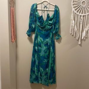 RNWY Green Printed Flowy Cut Out detailed Dress